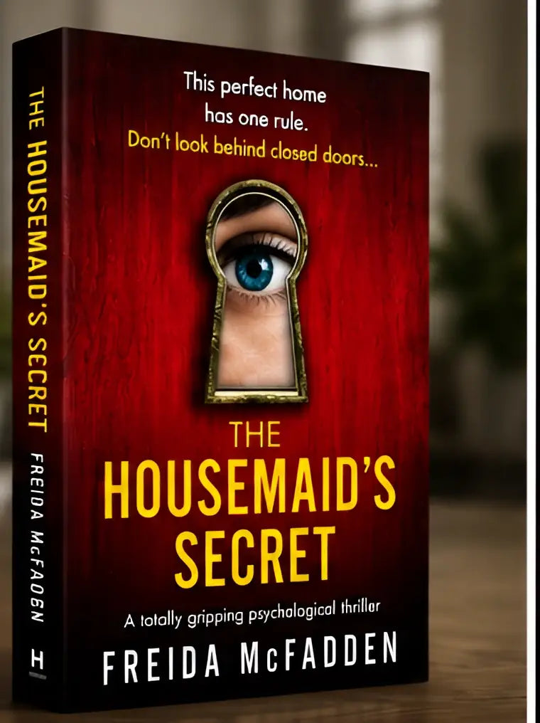 Rode hardcover boek the housemaids secret van freida mcfadden met sleutelgat en oogontwerp op de cover