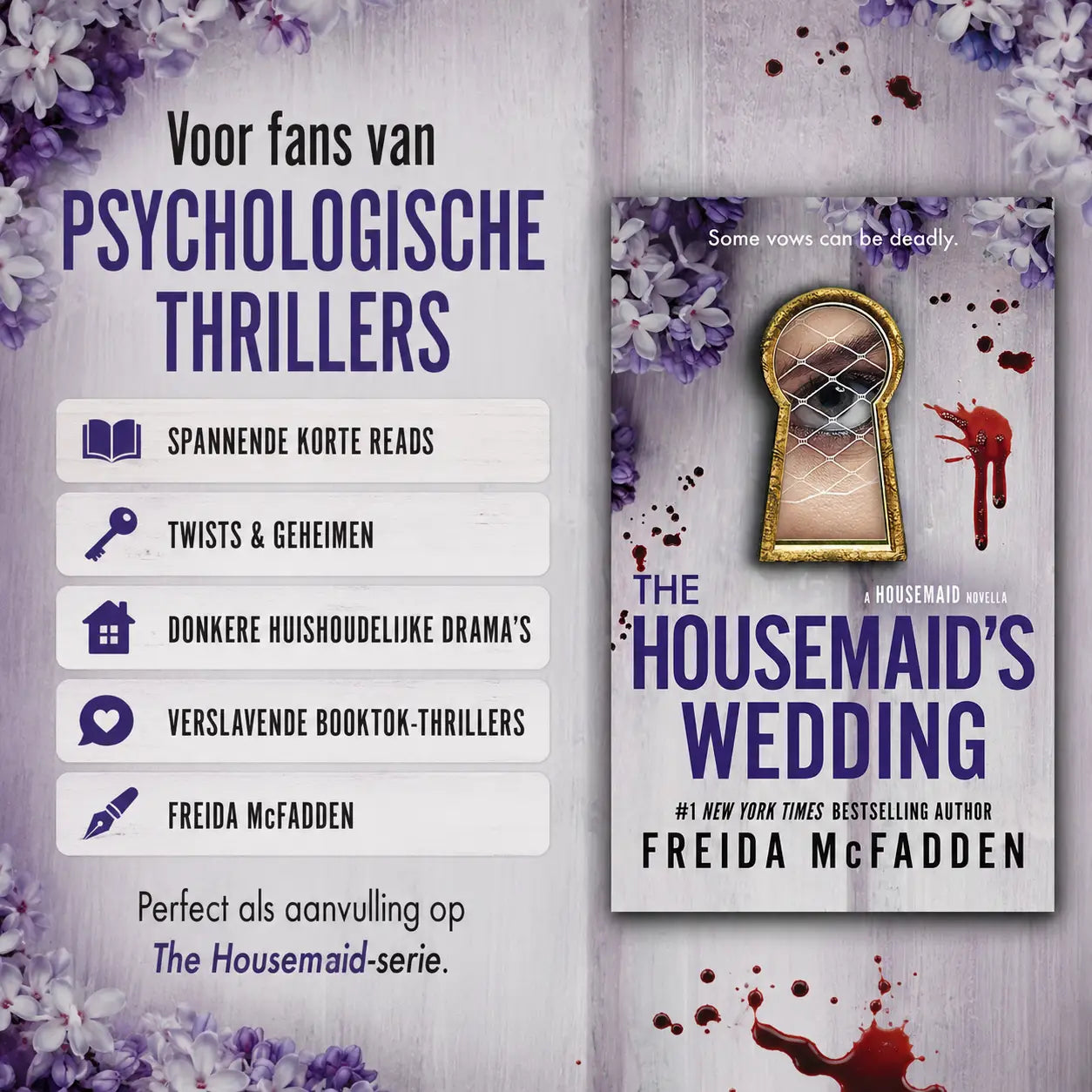 De cover van het boek the housemaids wedding toont een gouden sleutelgat met oog achter gaas tegen paarse bloemen en rode vlekken