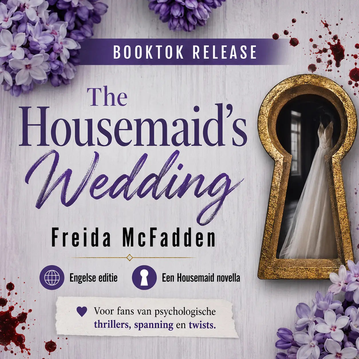Een gouden sleutelgatlijst met een zwart-witfoto van een vrouw in een witte trouwjurk in the housemaid’s wedding van freida mcfadden