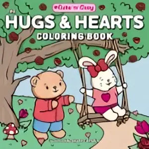 Een kleurrijk kinderen kleurenboek genaamd the hugs en hearts coloring book met cartoonfiguren op een schommel