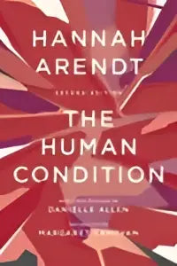 The human condition door hannah arendt tweede editie met een gedurfd geometrisch ontwerp in rood en paars met witte tekst