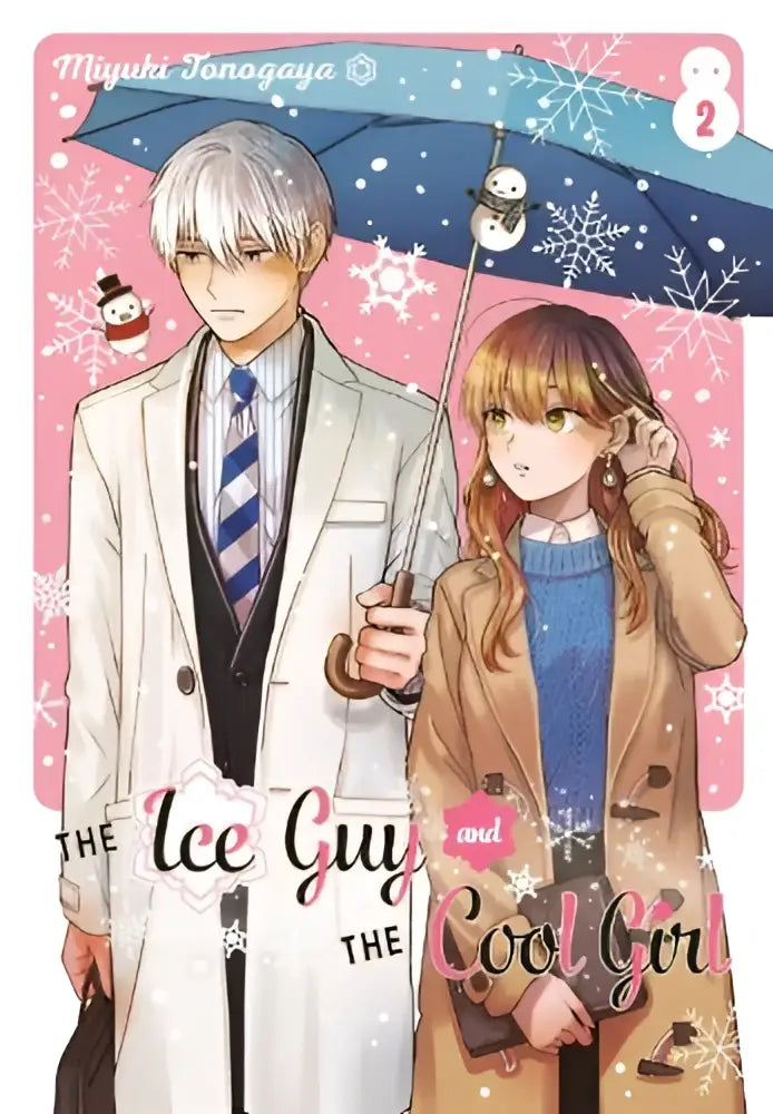 The ice guy and the cool girl manga volume 2 features a snowy scene with two characters under an umbrella with snowmen