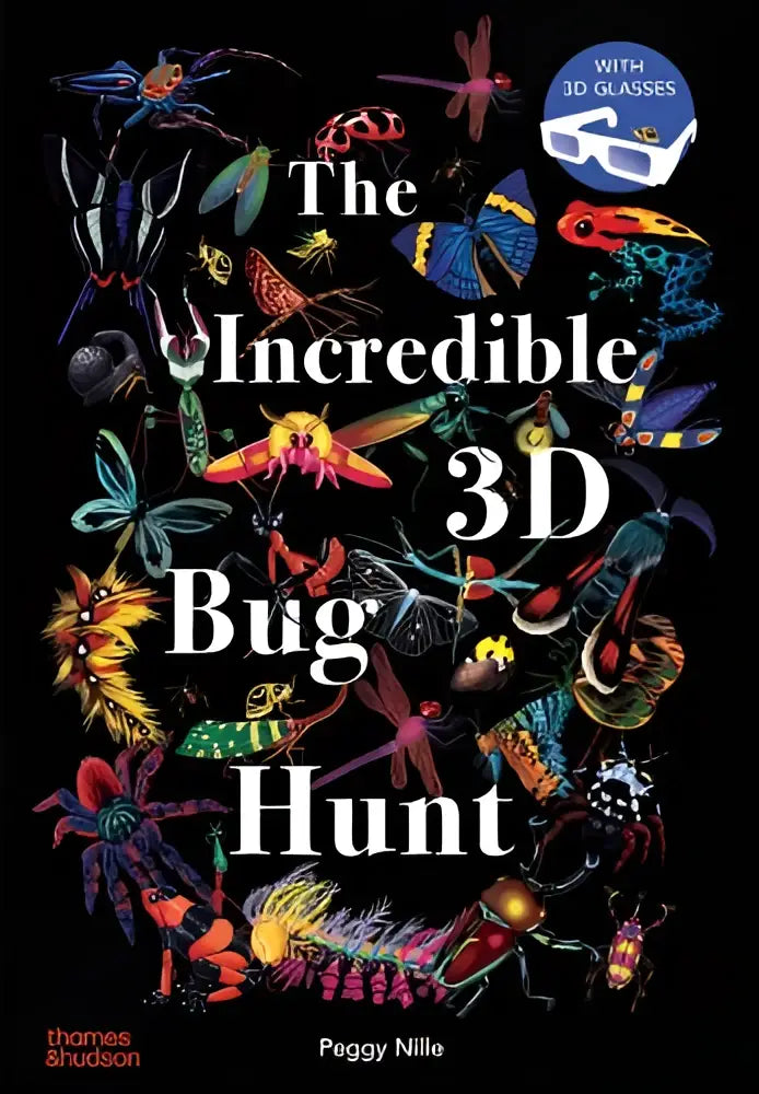 The incredible 3d bug hunt boek met een levendige, kleurrijke insectenillustratie op zwarte achtergrond voor jonge lezers