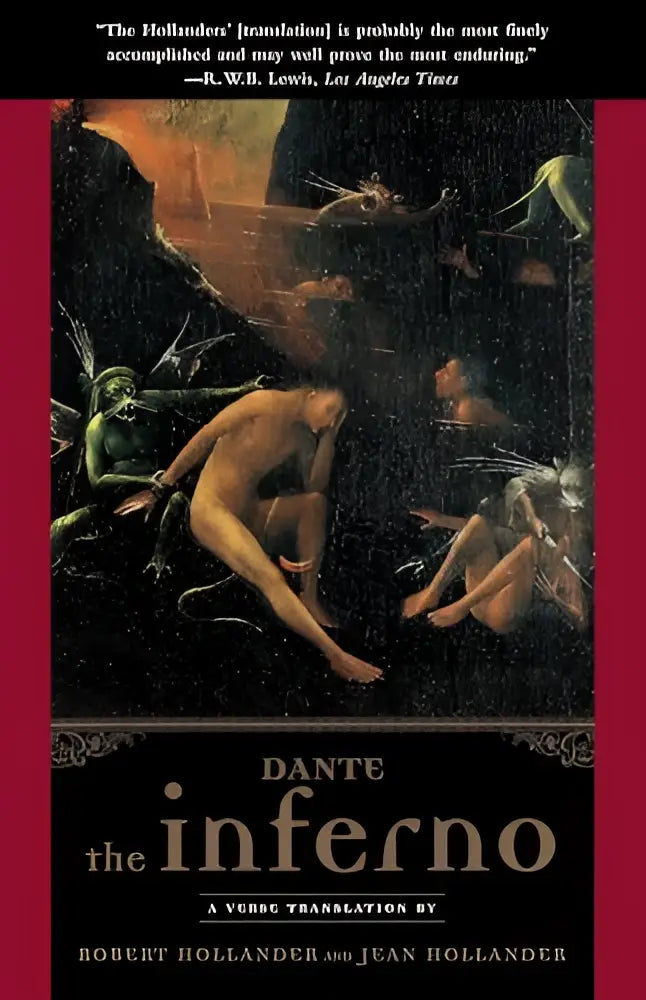 De inferno boekomslag toont een donkere dramatische illustratie van dantes hel met figuren tegen een zwarte achtergrond en rode rand