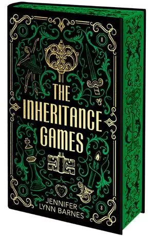 Hardcover editie van the inheritance games door jennifer lynn barnes met groene en gouden reliëfillustraties deluxe editie