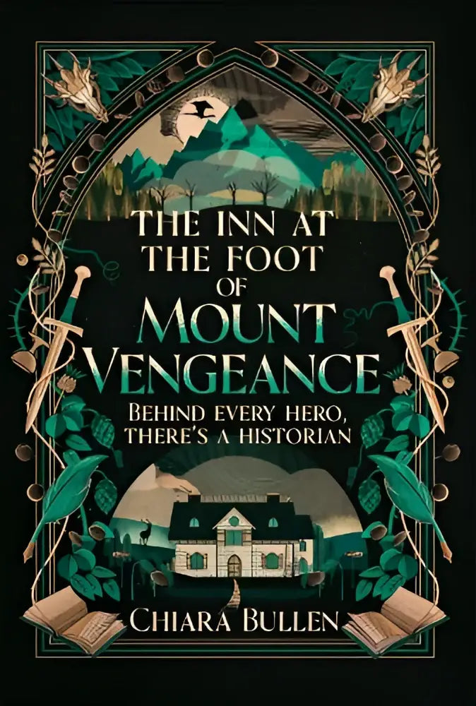 The inn at the foot of mount vengeance book cover with dark green and black ornate illustration featuring a white house