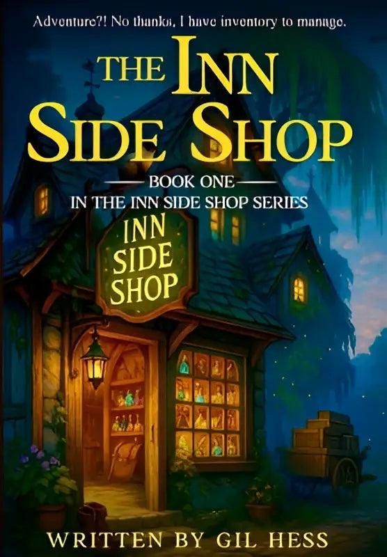 The inn side shop book cover shows a warmly lit rustic wooden shop with glowing windows and an illuminated sign