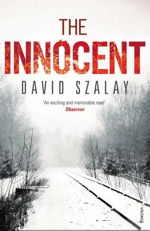De boekcover van the innocent door david szalay met opvallende rode en oranje tekst boven een besneeuwd spoorwegtafereel