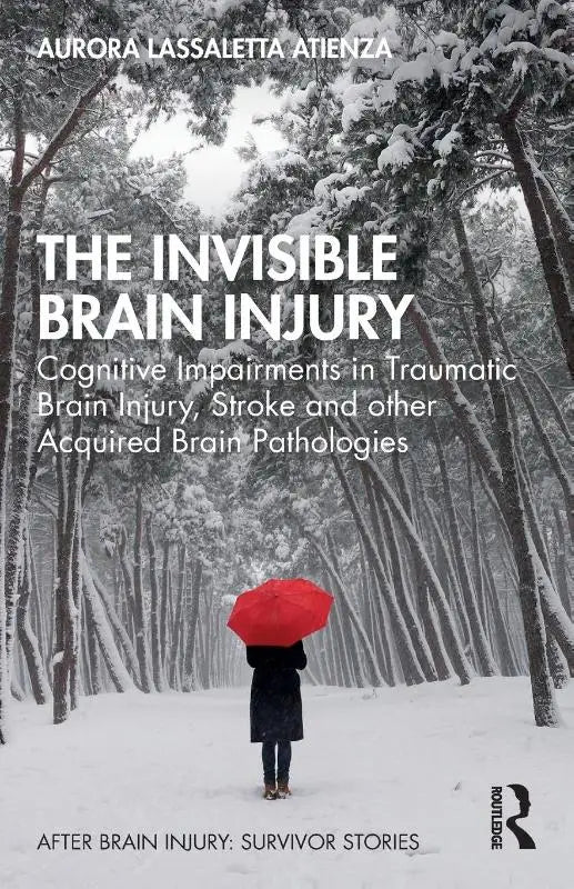 Een opvallende rode paraplu vastgehouden door een persoon in een besneeuwd bos passend bij cognitieve beperkingen en verworven hersenpathologieën