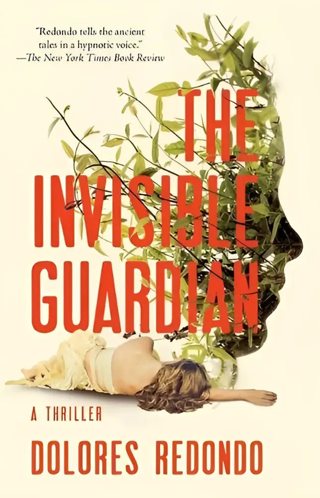 The invisible guardian thriller book cover shows bold red title and a woman’s silhouette with green foliage on off-white background