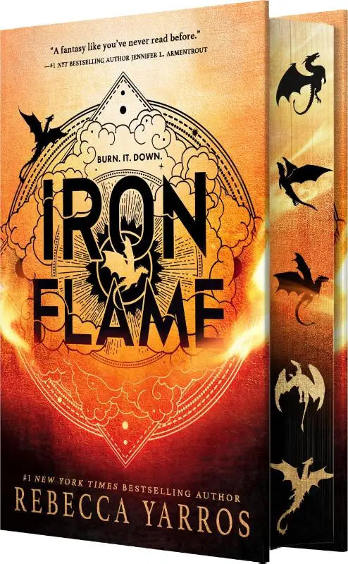 The iron flame book cover features fiery orange and red tones with black dragon silhouettes from the wing and claw collection