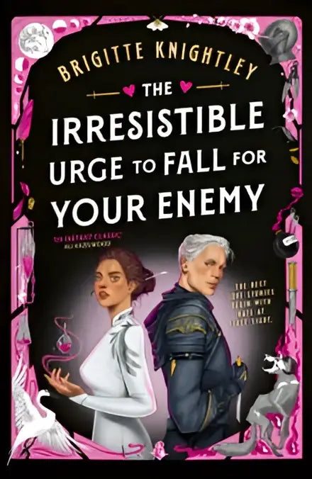 De boekcover van the irresistible urge to fall for your enemy door brigitte knightley toont twee stijlvolle personages bij een gedwongen samenwerking