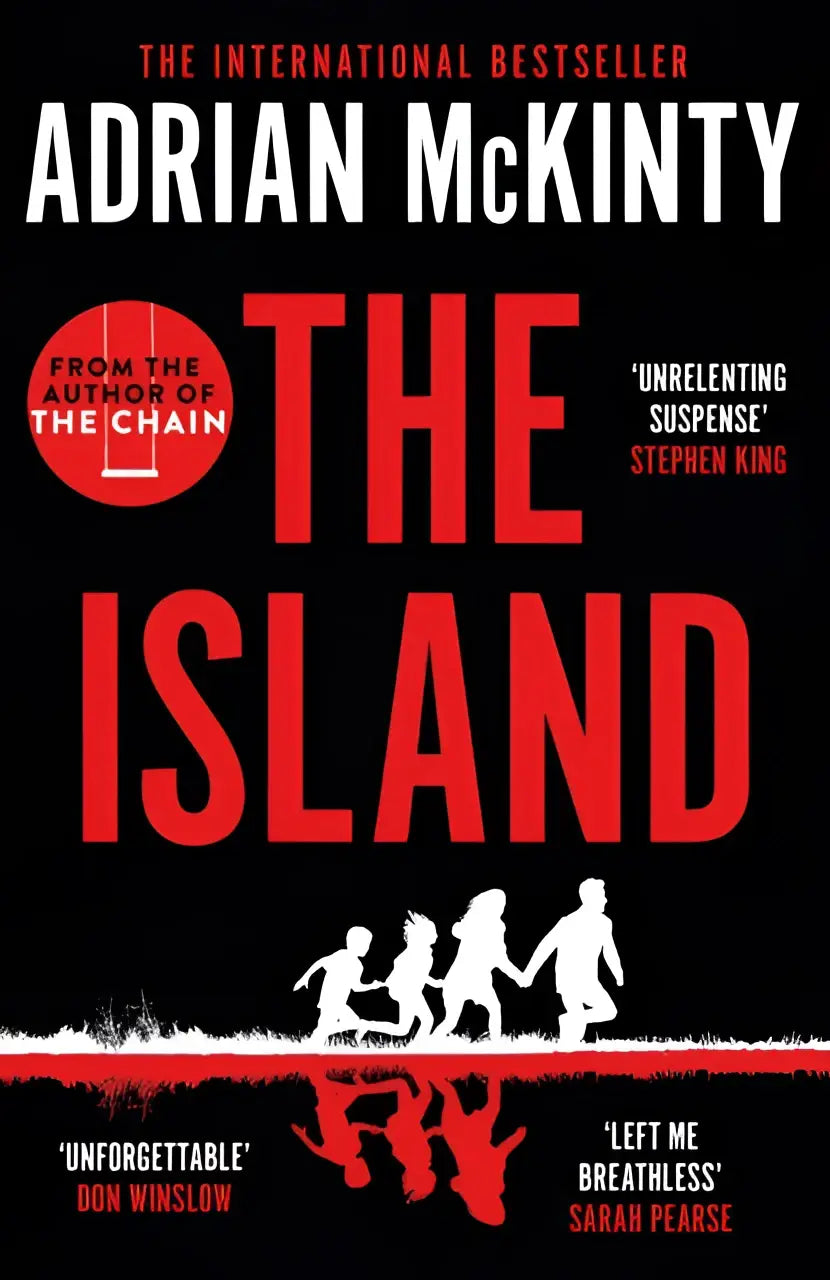 Zwarte boekomslag met rode titel the island en witte silhouetten van rennende mensen, adrian mckinty naam groot, instant new york times bestseller