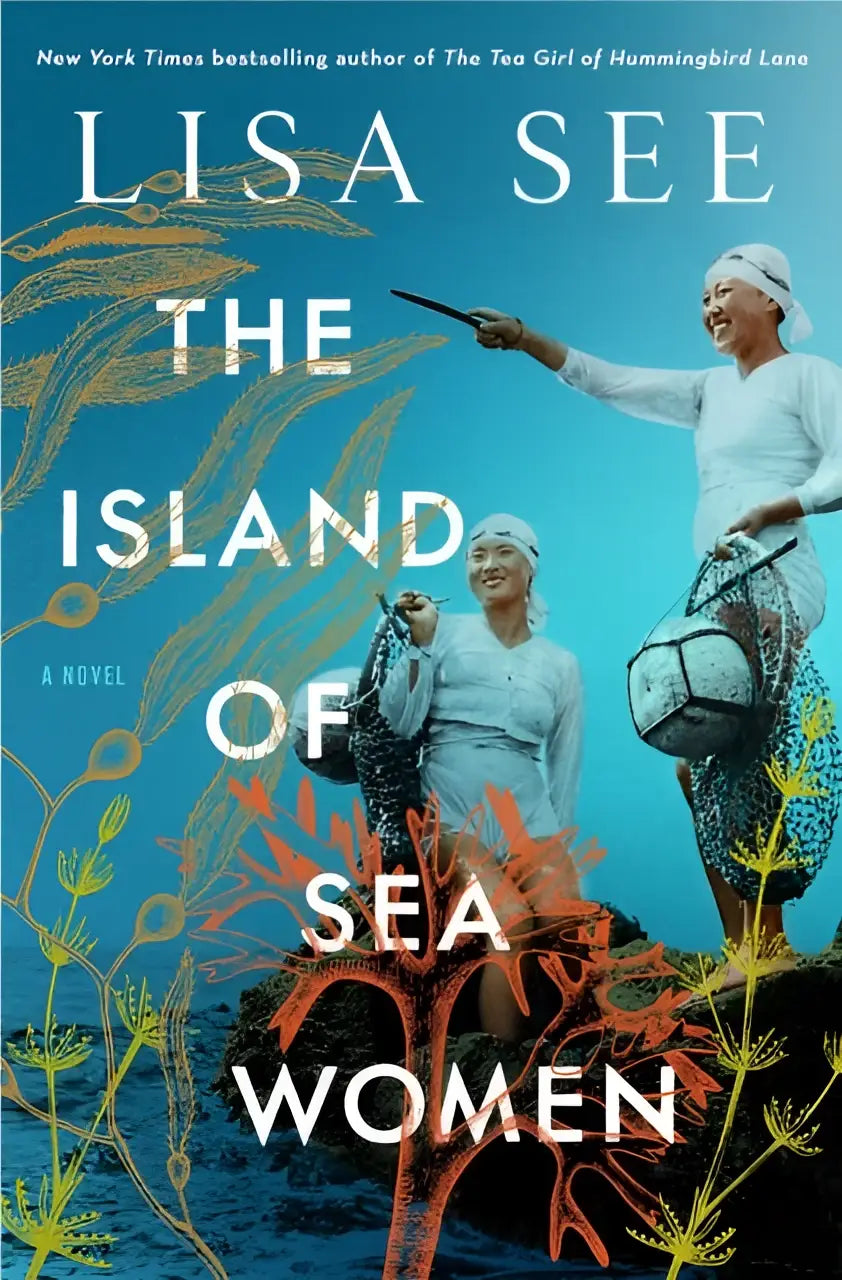 De island of sea women een roman van lisa see met een geïllustreerde cover van twee vrouwen tegen een blauworanje achtergrond