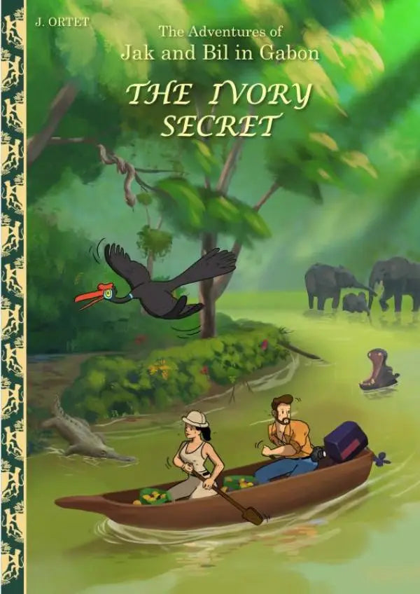 De voorkant van het kinderboek the ivory secret toont jak en bil in gabon voor het avontuur the adventures of jak and bil