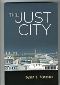 The just city boekomslag met donkerblauwe achtergrond en witte tekst toont een stedelijk landschap met een koepelgebouw
