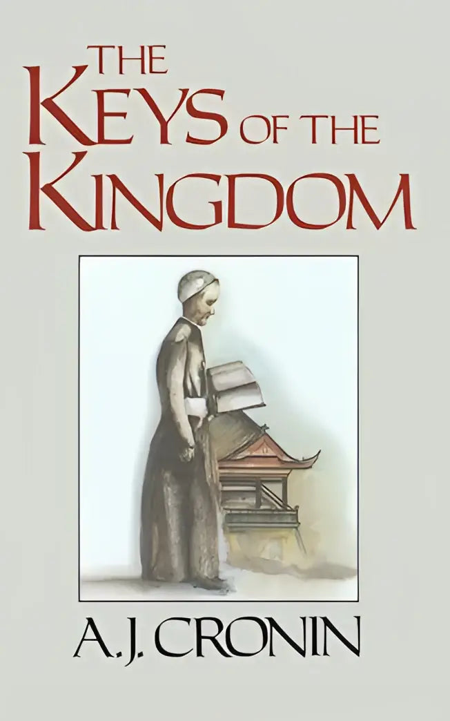 De keys of the kingdom boekomslag toont een vrouw in donker, periode kleding met boeken naast een sierlijke houten structuur