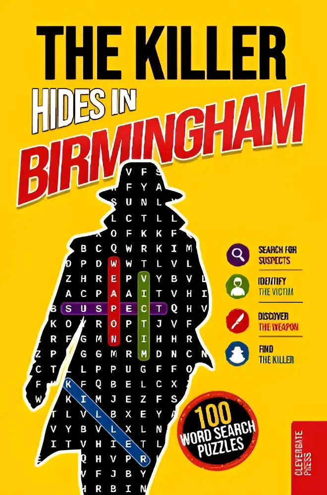 Felgeel murder mystery wordsearch boek met zwarte detective silhouet en 100 woordzoekpuzzels getiteld the killer hides in birmingham