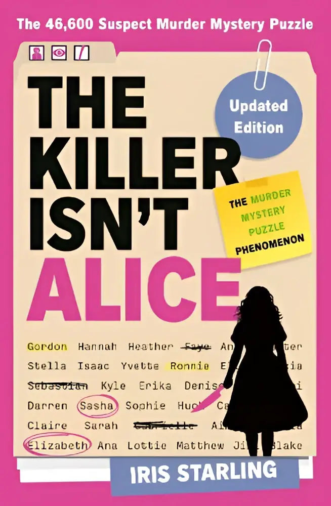 The killer isn’t alice updated edition book cover shows a black silhouette of a girl with bold pink and black text for a suspect murder mystery
