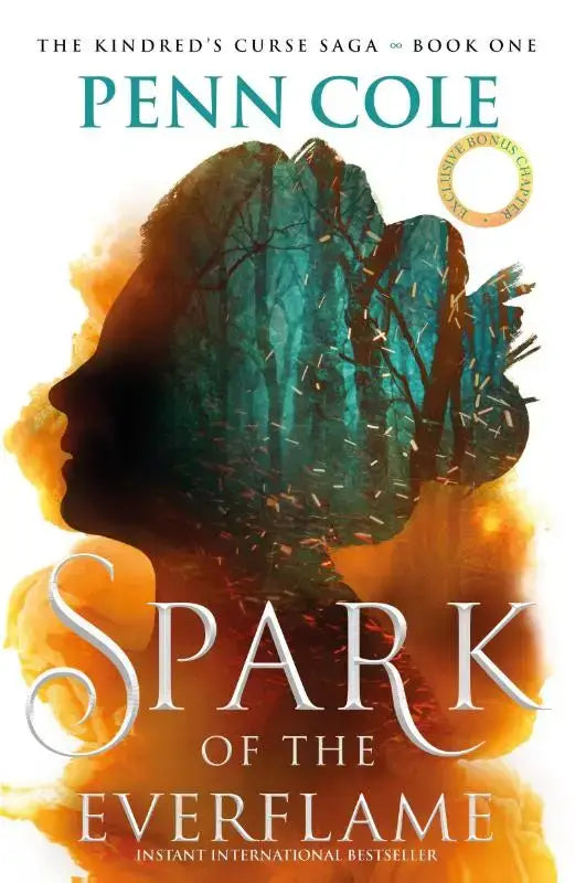 De hardcoverboekcover van spark of the everflame toont de profiellijn van een vrouw in teal en oranje met bomen, deel van the kindreds curse saga complete 4-delige curse saga set van penn cole
