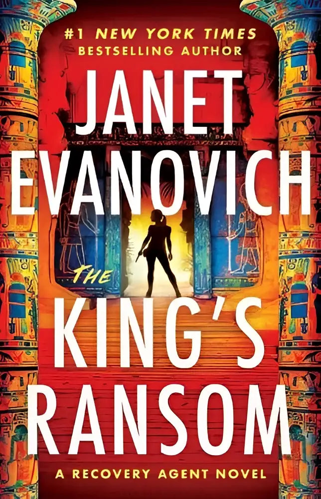 The king’s ransom hardcover book by janet evanovich with ornate ancient egyptian columns in red gold and blue hues