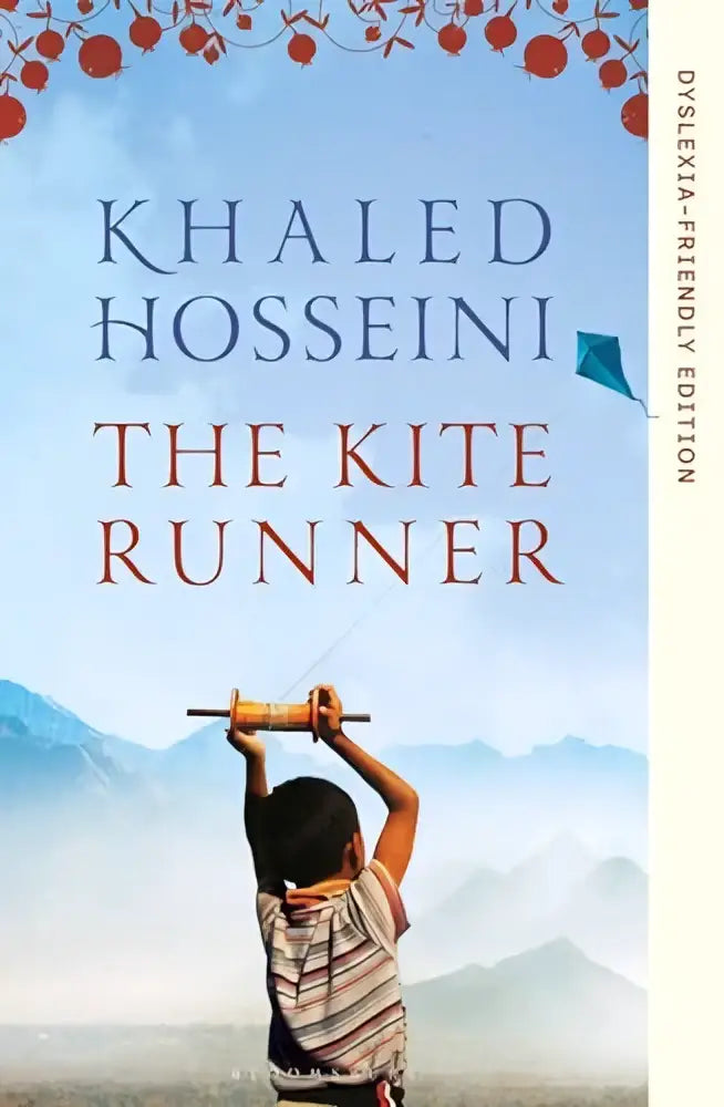The kite runner dyslexia-friendly edition book with a blue sky cover featuring a boy holding a kite runner spool