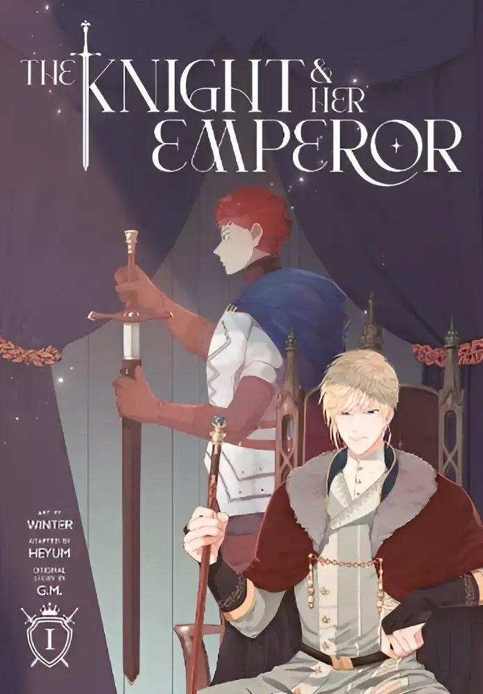 The knight and her emperor volume 1 book cover features two medieval characters in illustrated attire with a sword