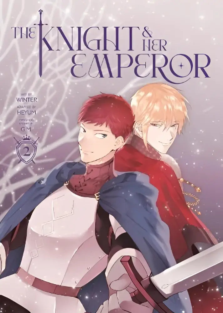 De manga cover van the knight and her emperor volume 2 toont twee personages in gedetailleerde fantasie kleding tegen een sterrenrijke achtergrond