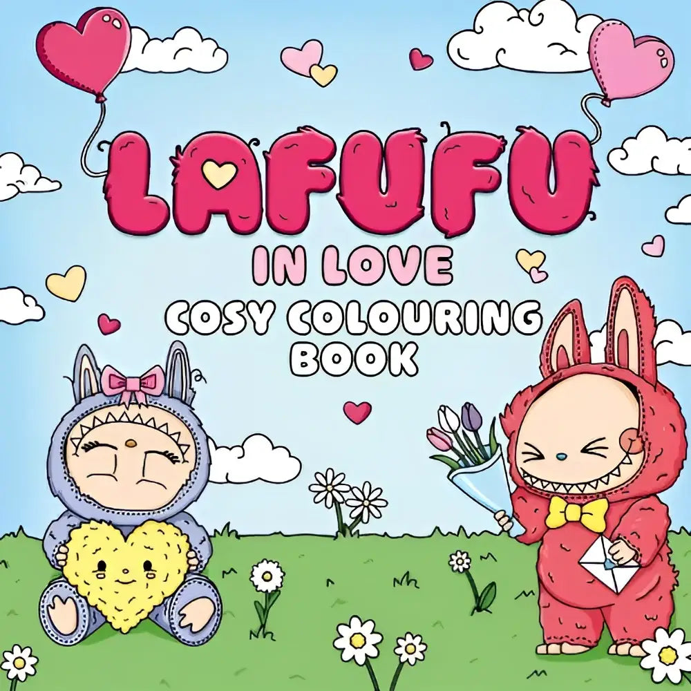 Lafufu in love cosy colouring book toont twee schattige konijnfiguren met zachte texturen in roze en paarse tinten