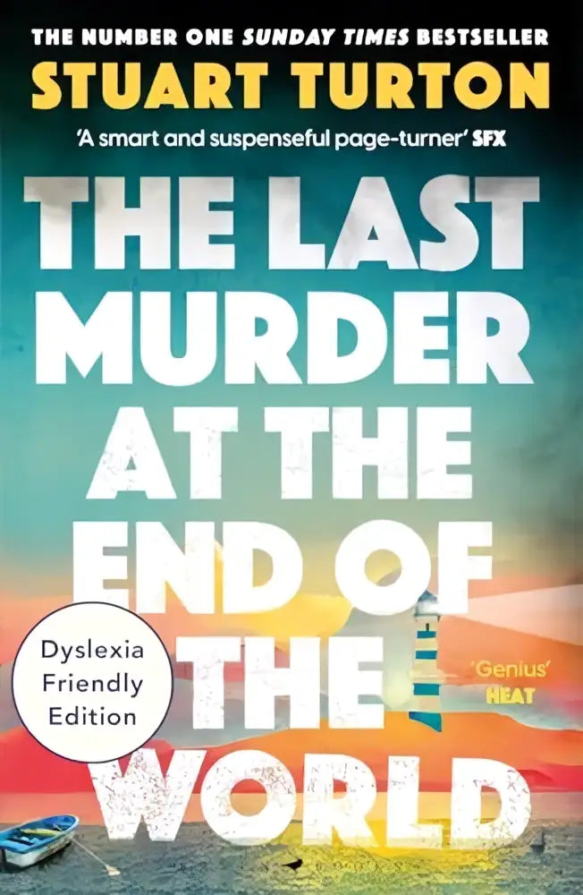 Een paperback van the last murder met gedurfde witte letters op een verloop van teal naar oranje, dyslexievriendelijke editie
