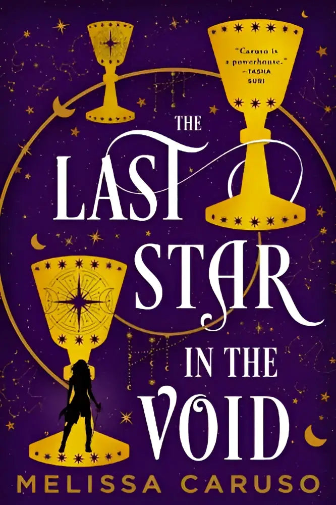 De last star in the void is een paarse boekomslag met drie gouden kelken tegen een kosmische achtergrond