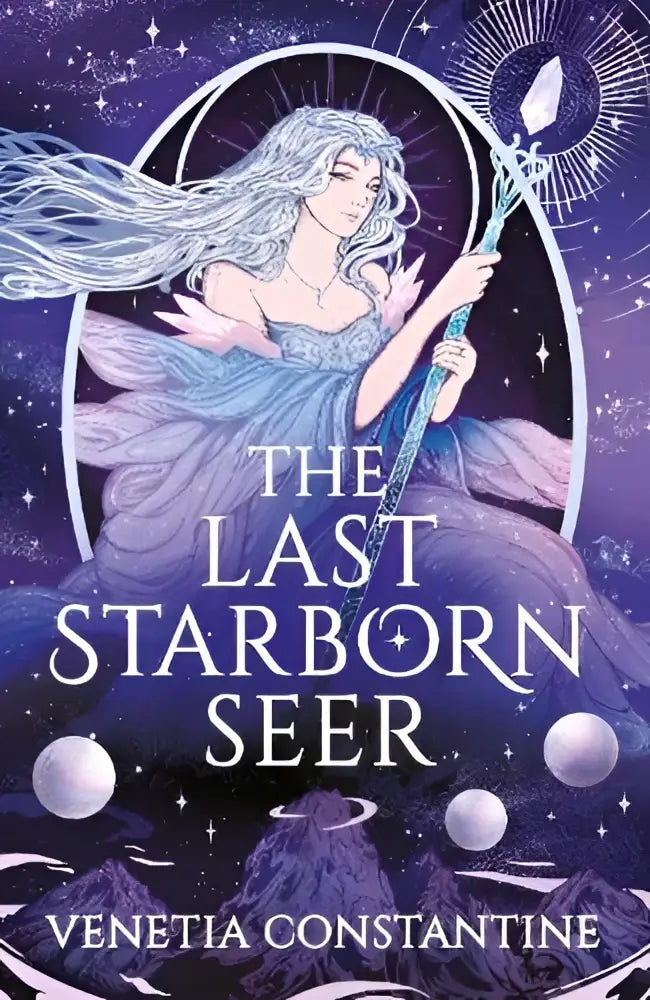 De last starborn seer boekcover toont een etherische vrouw met zilver haar en vleugels tegen paarse sterrenhemel
