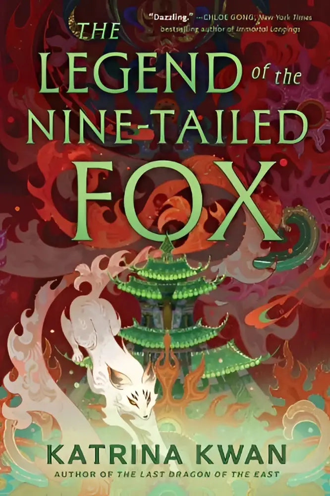 The legend of the nine-tailed fox boekomslag met levendig ontwerp en roodgroene vlammen rond een groene pagode