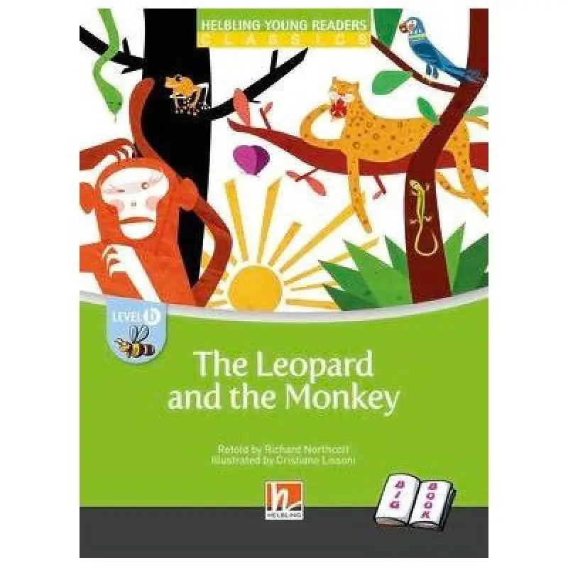 Grote boek De luipaard en de aap, kleurrijke kinderboekhoes met cartoon dieren