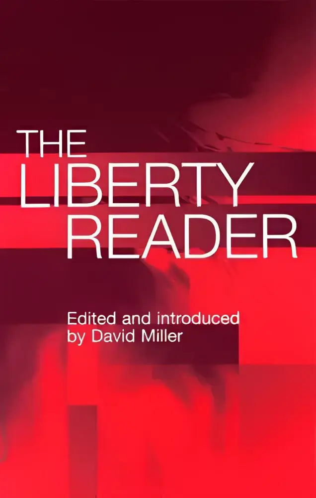 Een gedurfde rode boekomslag van the liberty reader met witte tekst en abstracte zwart-rode ontwerpdetails