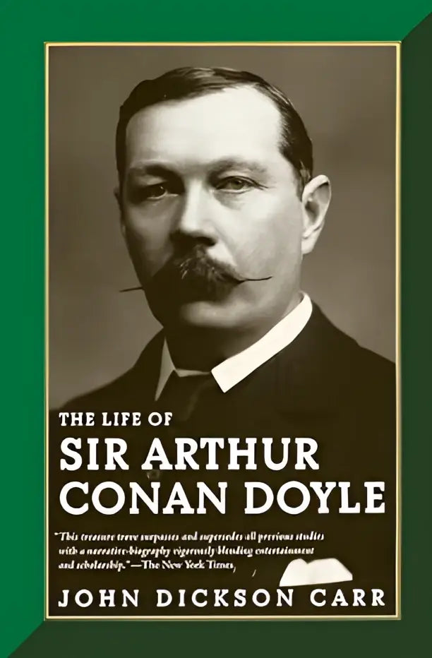 De biografie van sir arthur conan doyle boekcover toont een sepia portret van de auteur op een donkergroene achtergrond