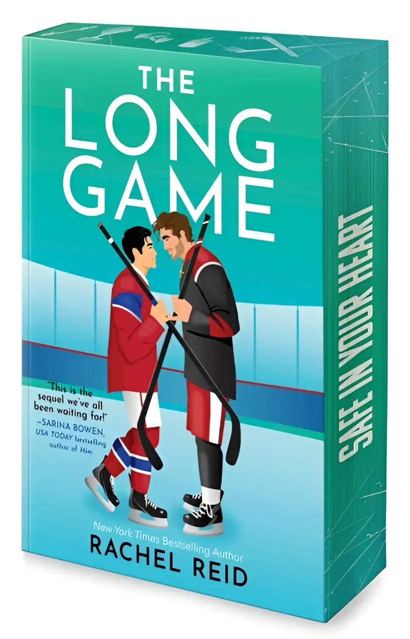 The long game deluxe limited edition teal hardcover book by rachel reid featuring two hockey players on cover