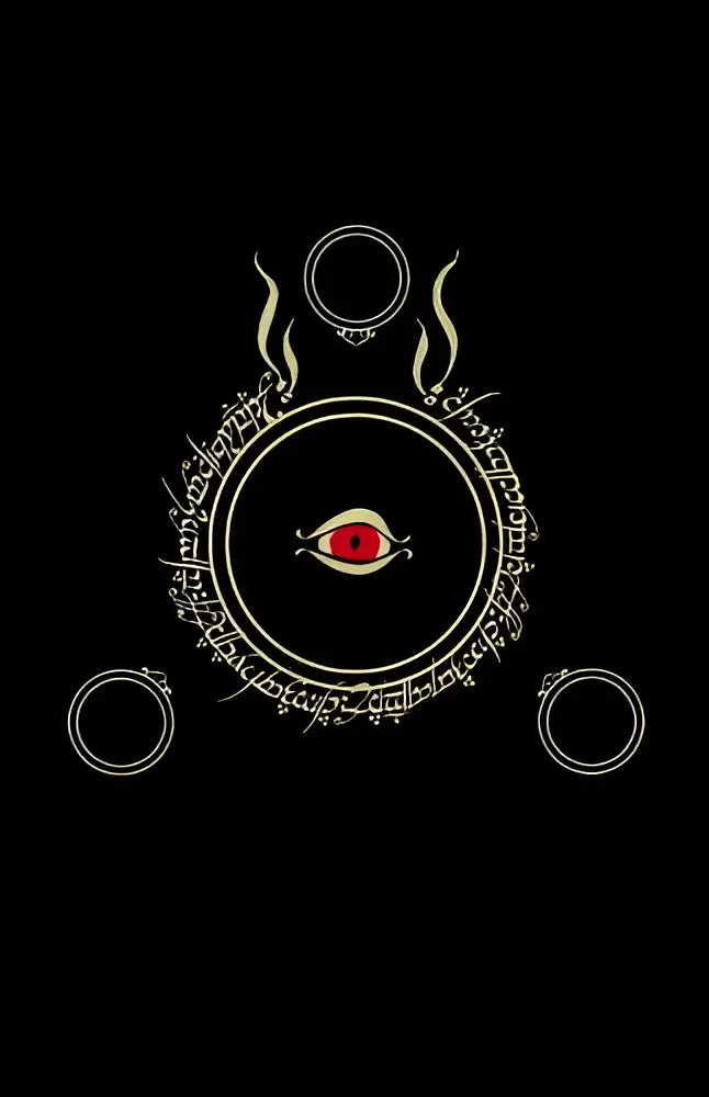 A black ring with a red eye and silver script from the lord of the rings, flanked by two smaller rings