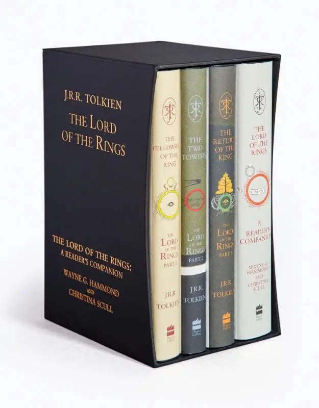 Black hardcover the lord of the rings boxed set with four books featuring cream olive green gray and white spines with gold lettering
