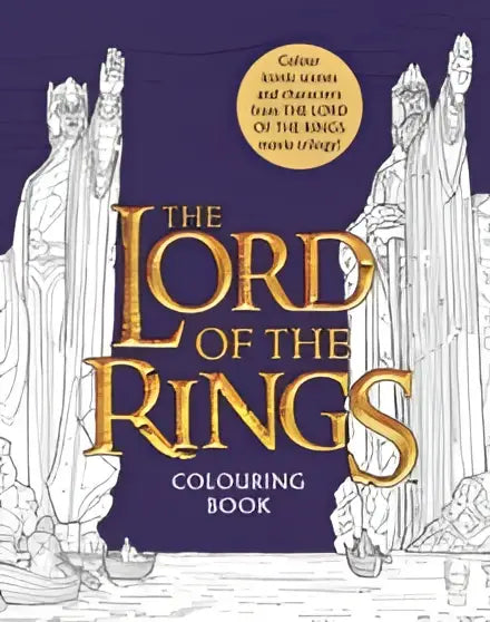The lord of the rings colouring book has a deep purple cover with gold lettering and detailed black and white illustrations