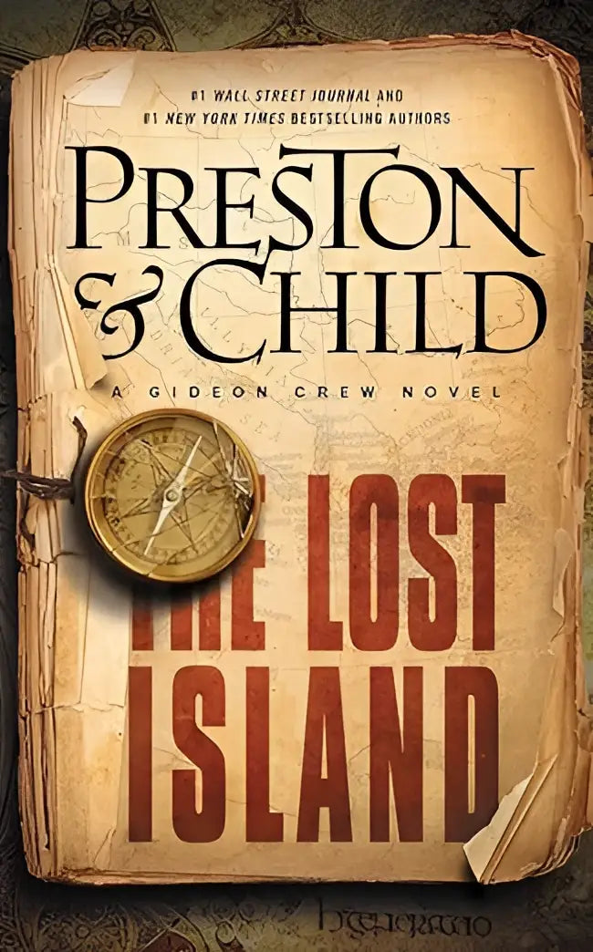 Vintage stijl boekomslag the lost island gideon crew serie 3 met geaffeste koperen kompas op oude perkament textuur