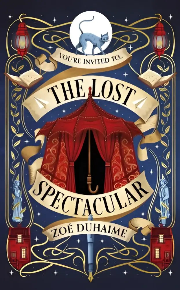 The lost spectacular door zoé duhamel toont een rood circusdoek met gouden borduurwerk tegen een blauwe sterrenhemel