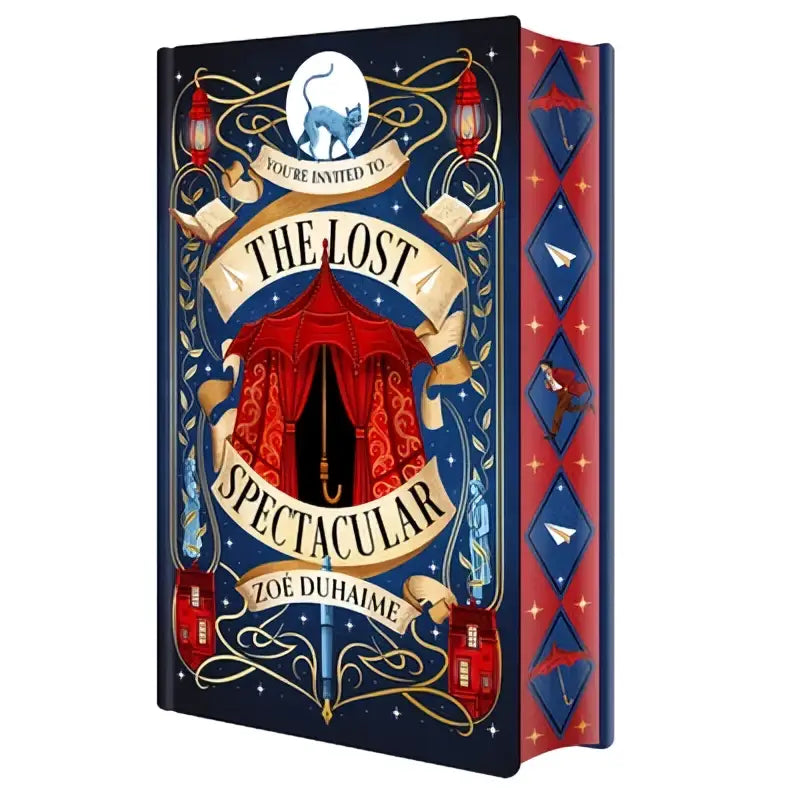 De lost spectacular deluxe limited edition boek met een navy blauw omslag, gouden details en een rood circus tent ontwerp