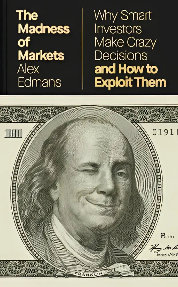 Zwart hardcover boek the madness of markets van alex edmans met gedetailleerde grijstinten illustratie van benjamin franklin voor penguin life