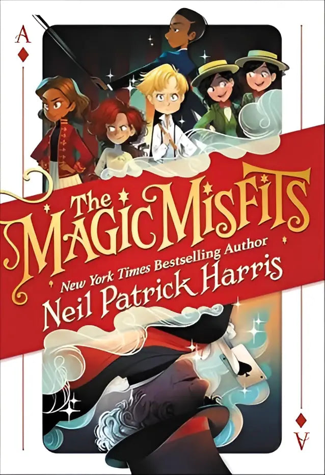 The magic misfits boekcover toont een kleurrijk geïllustreerd ontwerp met personages in levendige kleding