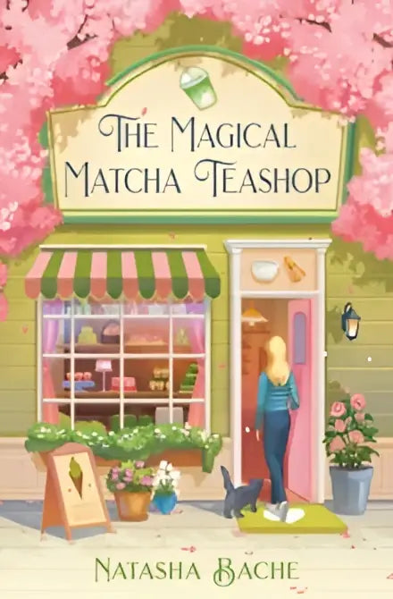 The magical matcha teashop in a small town features a charming storefront with green and white awning framed by pink blossoms