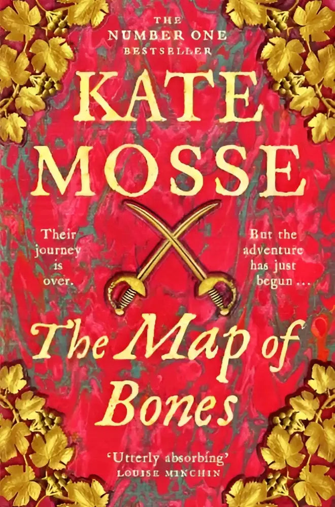 The map of bones boek met een felrood omslag en gouden bladeren en zwaarden is de instant sunday times bestseller