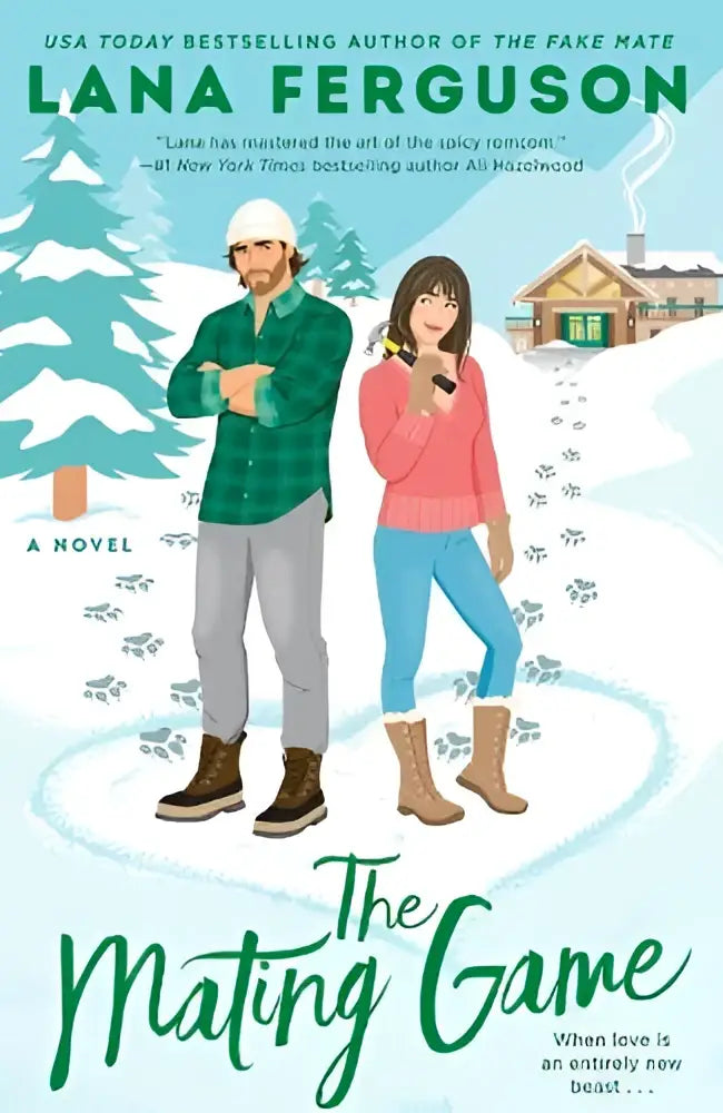 The mating game van lana ferguson toont twee personages in winterkleding op een besneeuwde achtergrond bij een blokhut