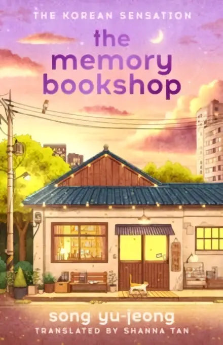 De memory bookshop boekillustratie met een gezellig winkelpand, warme gele lichten en een traditioneel dak onder roze lucht