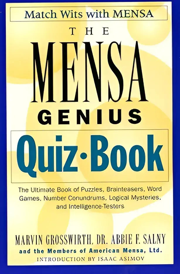The mensa genius quiz book features a bold black and teal title on yellow with concentric circles to match wits